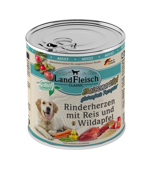 LandFleisch Dog Classic Rinderherzen mit Reis & Wildapfel 800g