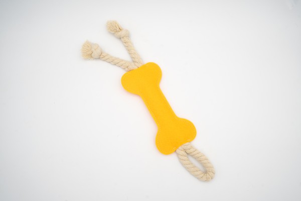 Hundespielzeug Knochen mit Seil gelb