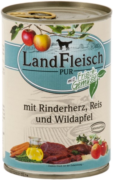 LandFleisch Dog Pur Rinderherz, Reis & Wildapfel mit Biogemüse 400g