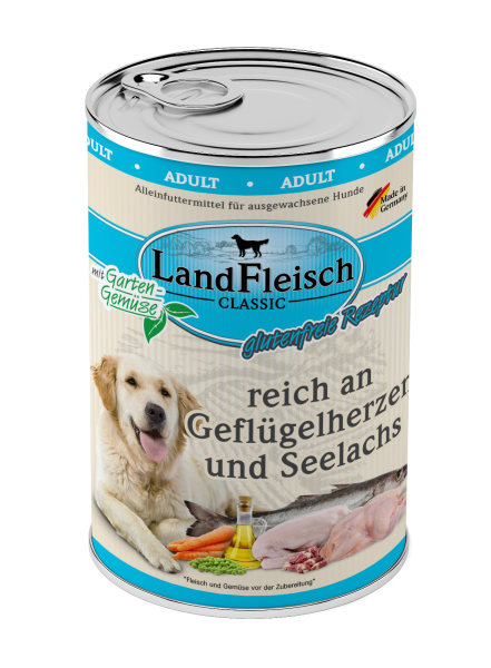LandFleisch Dog Classic Reich an Geflügelherzen & Seelachs 400g