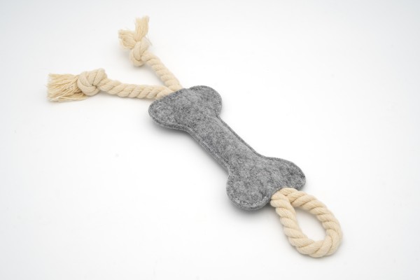 Hundespielzeug Knochen mit Seil grau